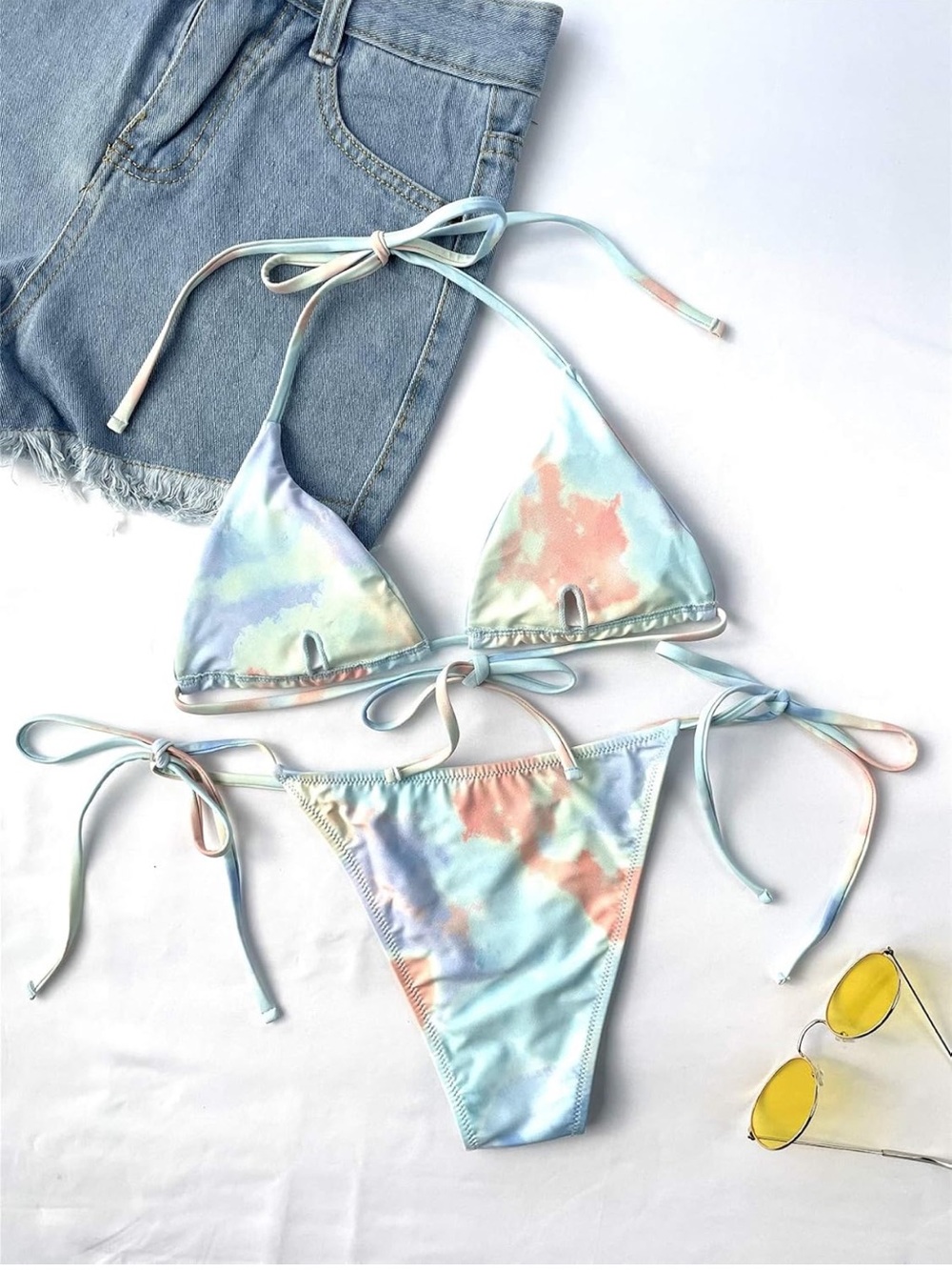 Pastel Tie-Dye Triangle Bikini Set - Blue & Peach